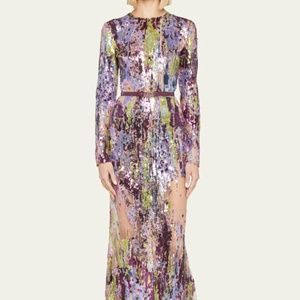 Elie Saab Long Sleeve Sequin Embroidered Tulle Gown